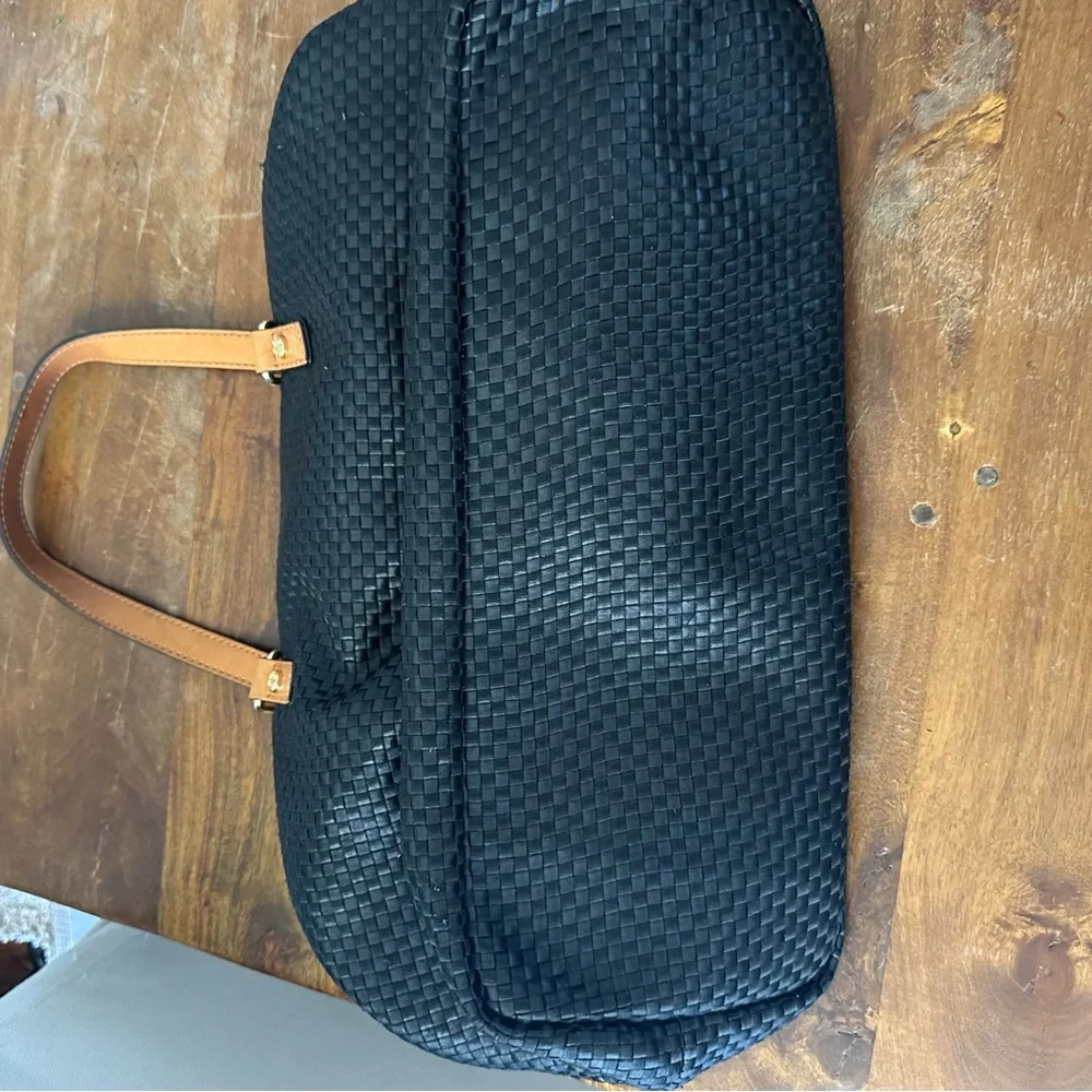 Antonio Melani Black Woven Tote Bag with Tan Leather Straps‎